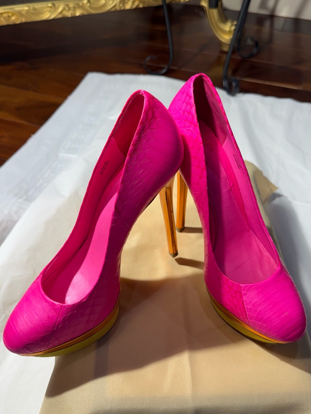 Brian Atwood Hot Pink Pumps with Gold Stiletto Heel